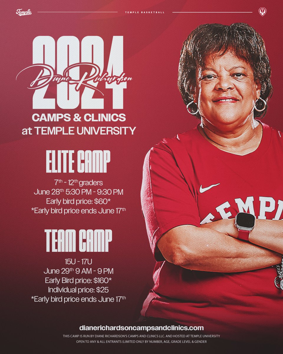 Registration for this summer's @CoachDianeRich Camps and Clinics at Temple University is open!! Come learn from the best! More details and registration info can be found here: tinyurl.com/bdcmrdpr 🗞tinyurl.com/4nxnm4mz