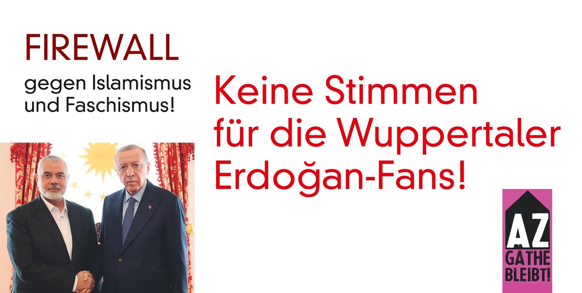 Es gibt in der nächsten Zeit einige Veranstaltungen der Wuppertaler DITIB-Fans, die wir besuchen sollten...
Heute Friedrich Merz 18:30 Uhr  
27.4.2024 Wahlkampfauftakt der Grünen 11:00 Uhr Swane-Cafe