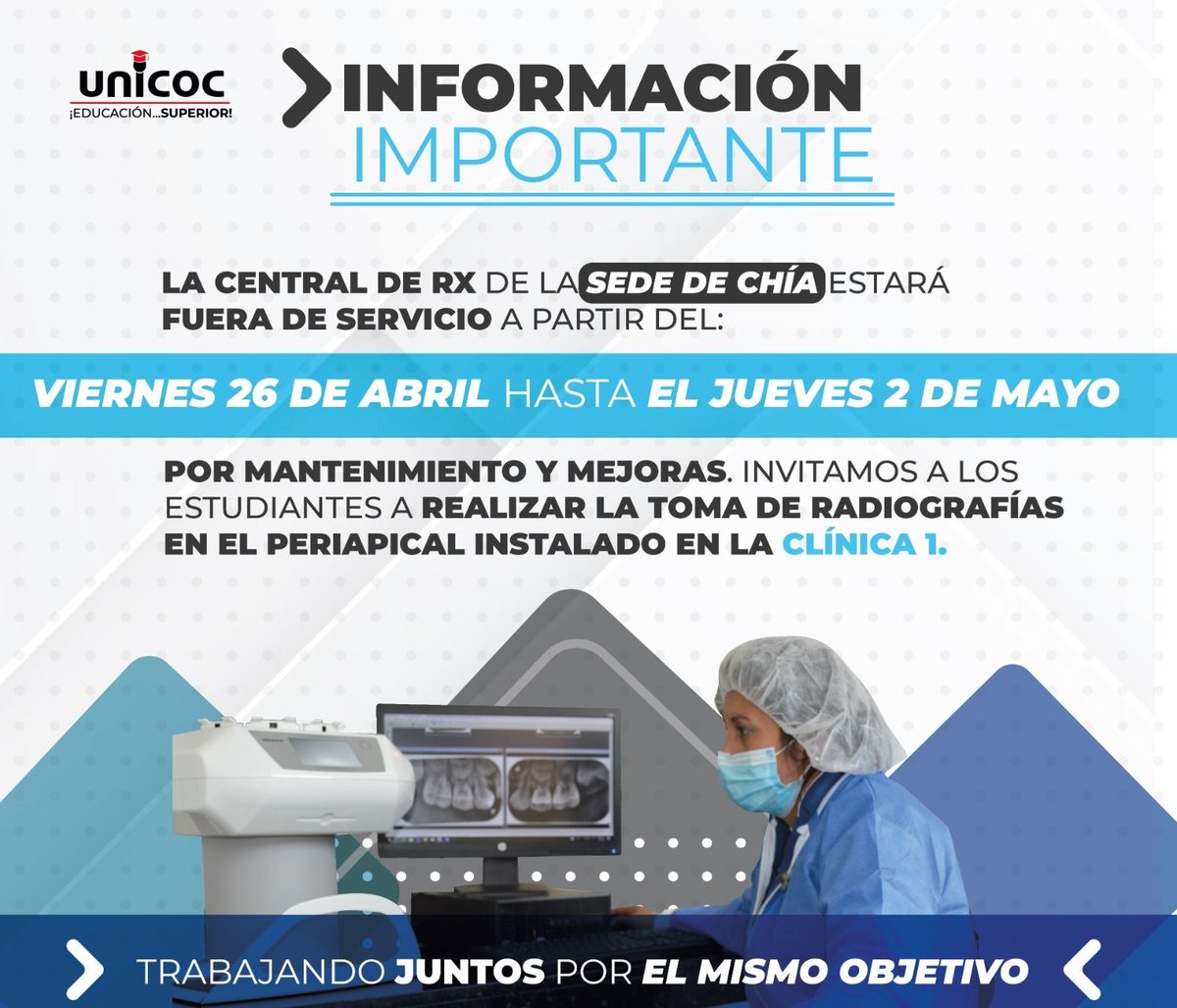 #InformacionImportante | Clínica Chía: 🏥 La central de Rx de la sede de Chía estará fuera de servicio a partir del viernes 26 de abril hasta el jueves 2 de mayo por mantenimiento y mejoras. ¡Trabajando juntos por el mismo objetivo! 🛠️