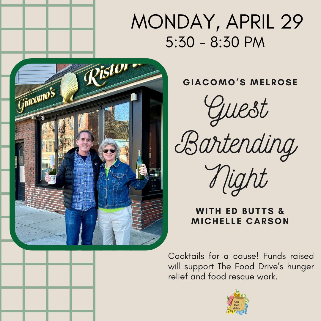 SUPERSTAR BARTENDER REVEAL! Join @edgenmills & Michelle Carson this Monday, April 29 as they pour Cocktails for a Cause at Giacomo's of Melrose! Funds raised will support our hunger relief and food rescue work in our community. #endhunger #foodrescue #melrosema
