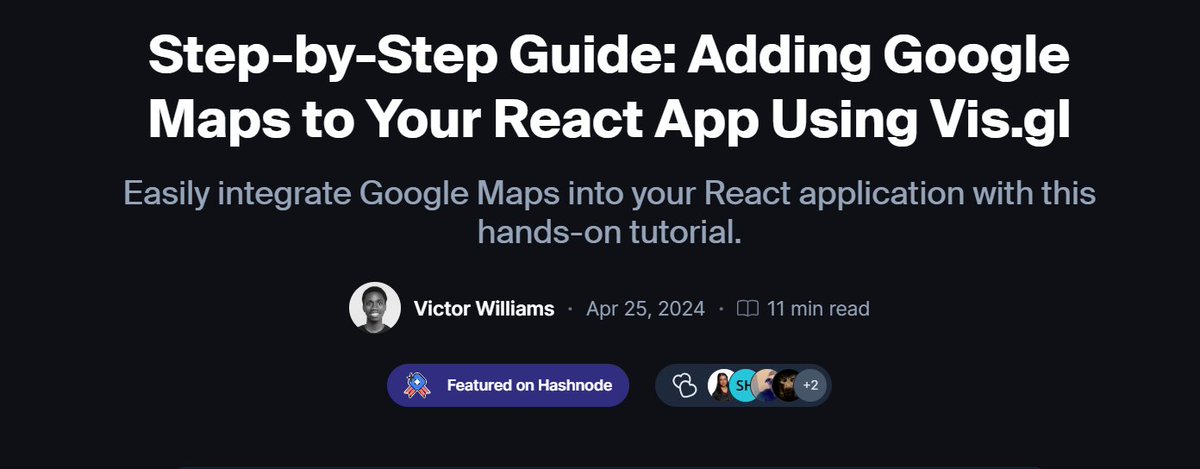 My @GMapsPlatform blog article got featured on @hashnode 🥳🥳

If you haven't checked it out yet, here's the link: 
blog.victorwilliams.me/how-to-add-goo…

#devcommunity #blogging #visgl