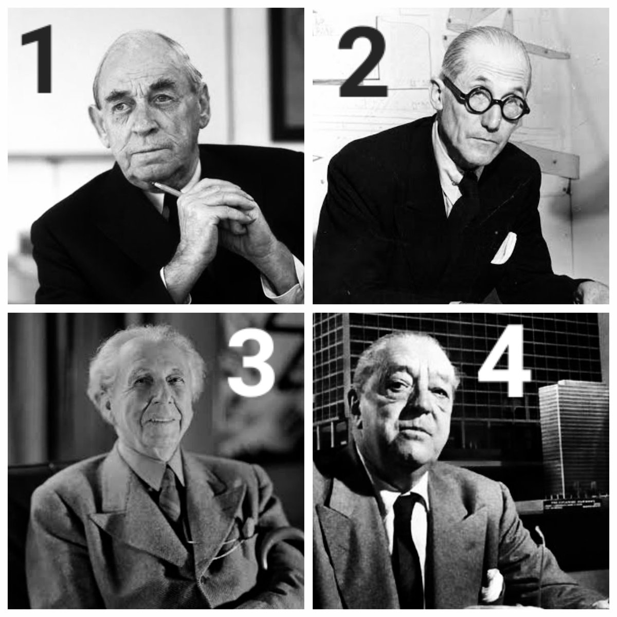 Puedes hacer tu casa con uno de ellos, escoge... 1-Alvar Aalto. 2-Le Corbusier. 3-Frank Lloyd Wright. 4-Mies van der Rohe. #ViernesDeArte #Arquitectura