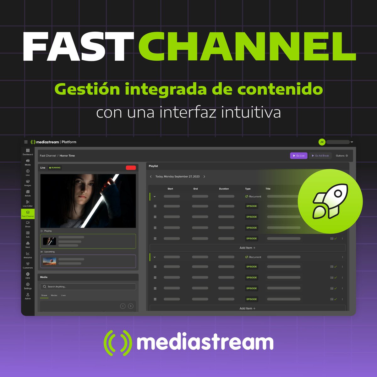 Planifica, programa y transmite tu contenido con total flexibilidad y control. Descubre cómo Fast Channel puede simplificar tus necesidades de programación y transmisión haciendo clic aquí hubs.ly/Q02v97bL0 
#Streaming #FASTChannels #Mediastream #Mediatech #Streaming"