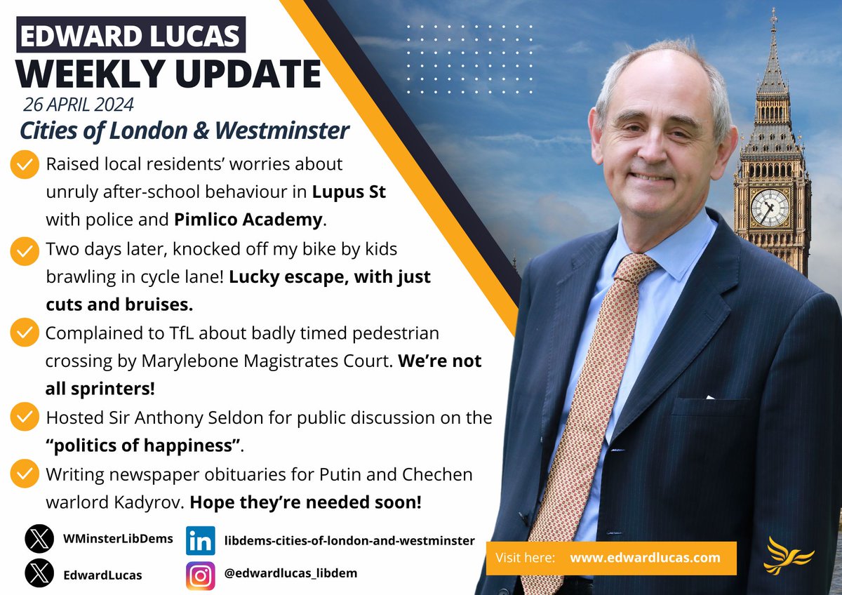 This week we have been speaking to residents daily across #Westminster. Additionally @edwardlucas has raised ASB issues on Lupus Street and sent a complaint to @TfL about a badly timed crossing in #Marylebone. As well as hosting Sir Anthony Seldon and writing Putin's obituary!