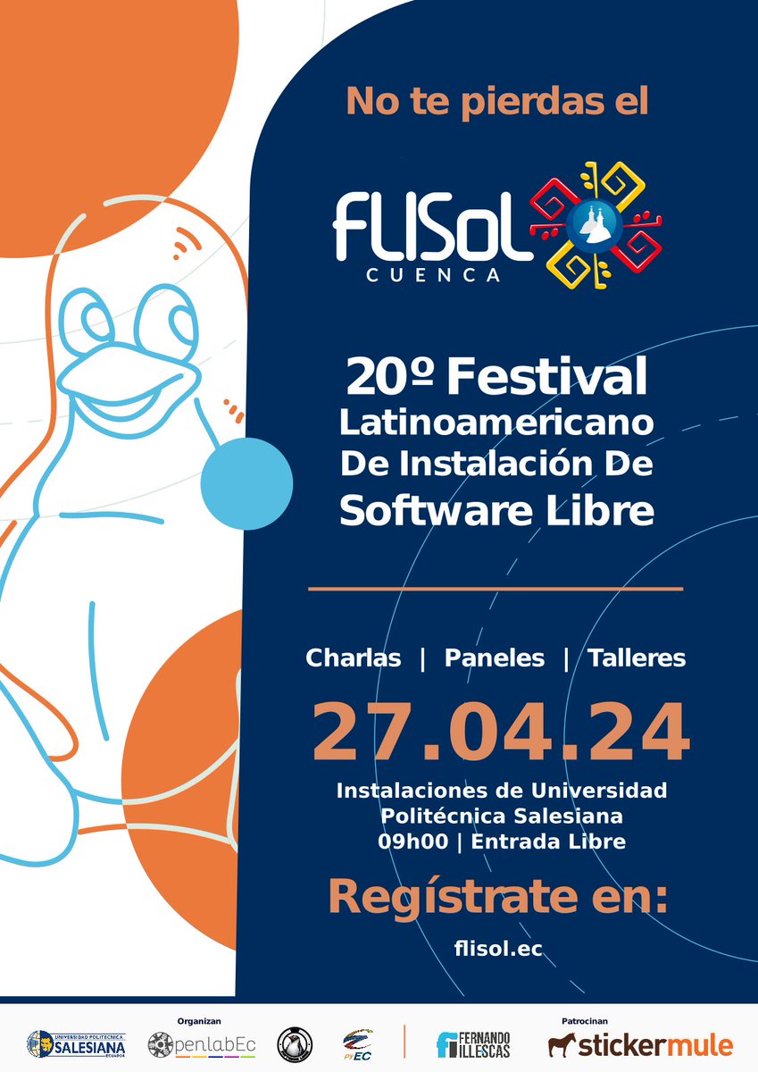 #Cuenca celebra la 20va edición del #Flisol este 27 de abril en las instalaciones de @upsalesianaec 🚀Desde las 9:00 se estará compartiendo charlas y talleres en una jornada llena de libertad 📌La entrada es libre y gratuita. Registra tu asistencia en flisol.ec