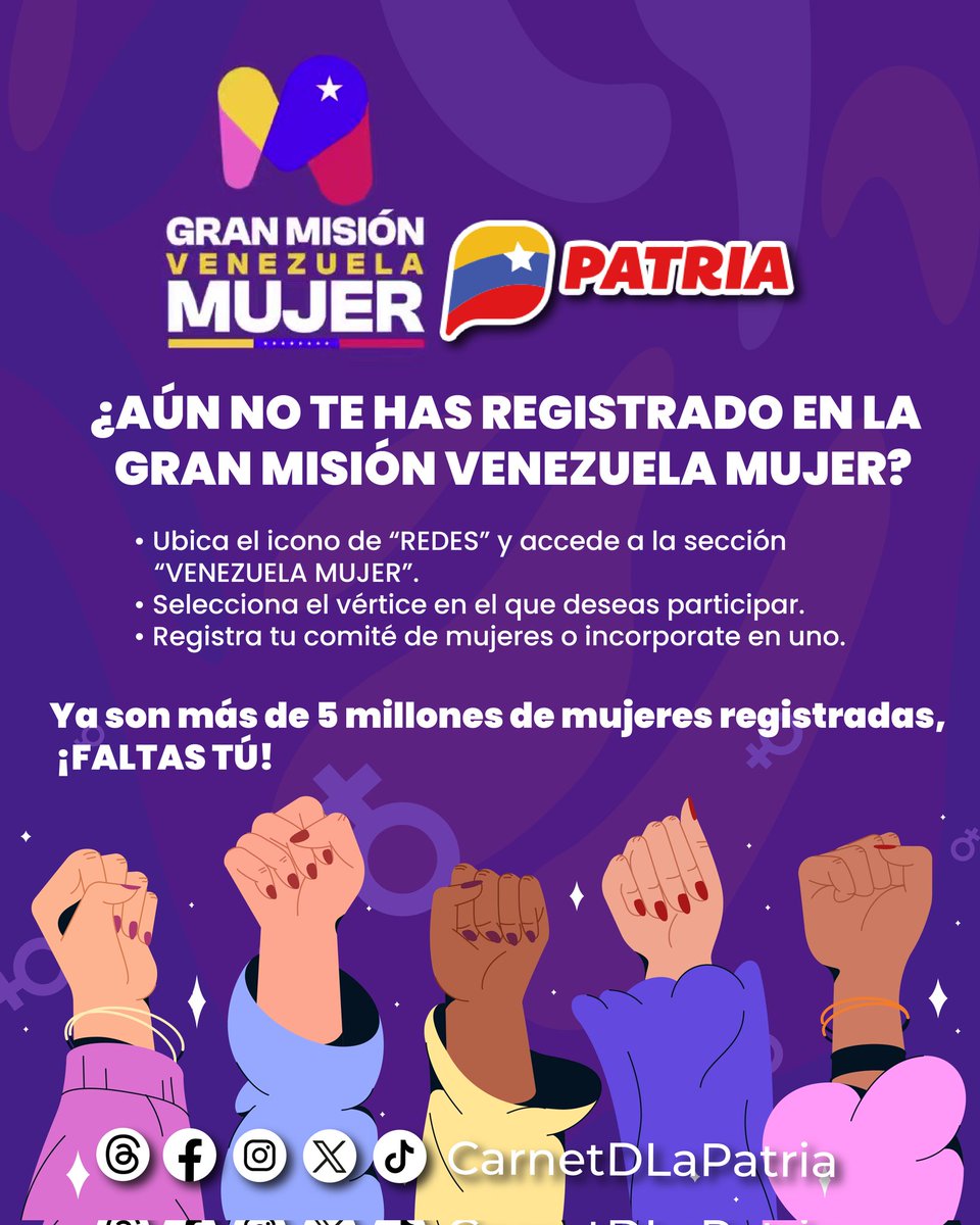 ¿Ya te registraste en la Gran Misión Venezuela Mujer? El #SistemaPatria te muestra: ✓ Ve al icono de 'REDES' y accede a la sección 'VENEZUELA MUJER'. ✓Selecciona el vértice en el que deseas participar. ✓Registra tu comité o incorpórate en uno. #IgualdadYJusticiaSocial #26Abr