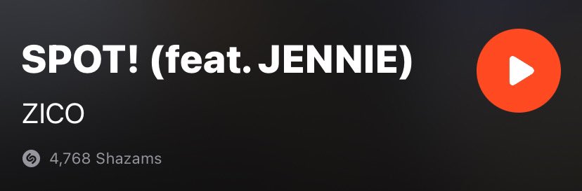 🔊 SHAZAM GOAL = 30K in 24 hours! Current: 4,768 Shazams • Open steaming app • Play the song • Open Shazam • Touch ‘S’ • Found a song • Go to your library & delete history • Repeat 🔁 SPOT OUT NOW #SPOTwithJENNIE #JENNIE #제니 #ZICO #SPOT