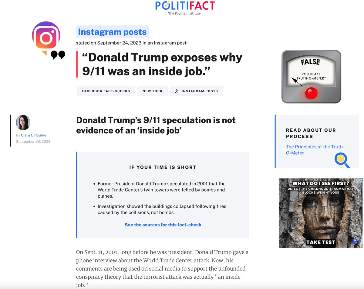 Meta is currently allowing (& may be making money on) an ad dedicated to 9/11 Trutherism, in violation of its own rule prohibiting ads with content debunked by its own 3rd party fact checkers.