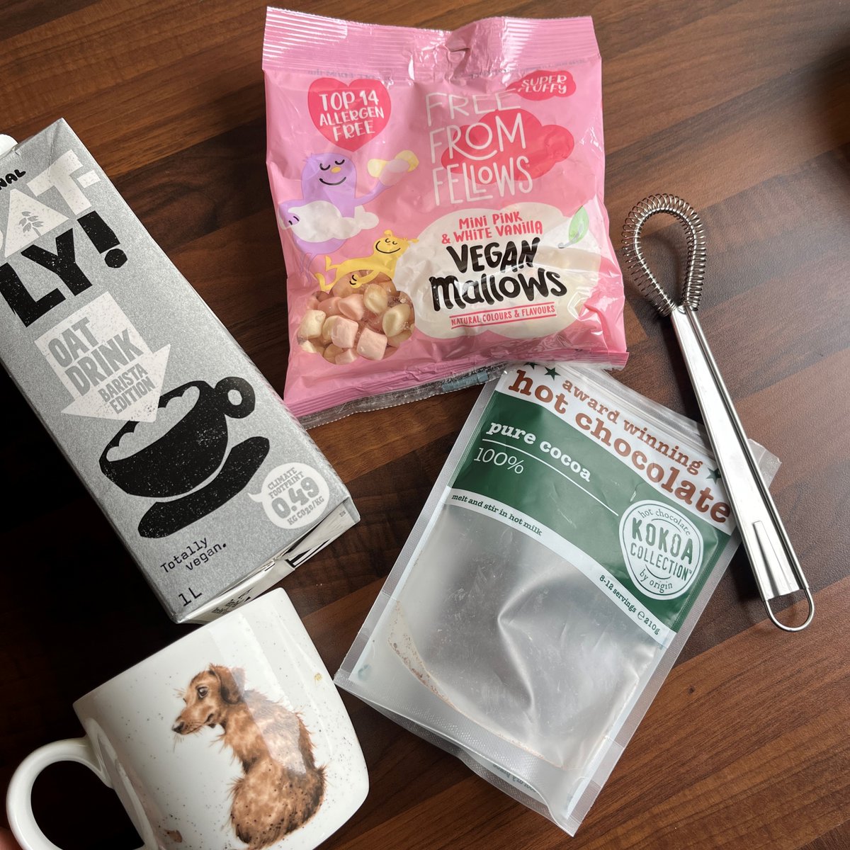Everything you need for a yummy hot chocolate. 2-3 Kokoa Collection chocolate tablets, milk alternative, a large handful of our mini mallows, a whisk and your favourite mug. #numberoneveganmarshmallows #bestsellingveganmallows #vegan #vegansweets #kokoacollection #hotchocolate