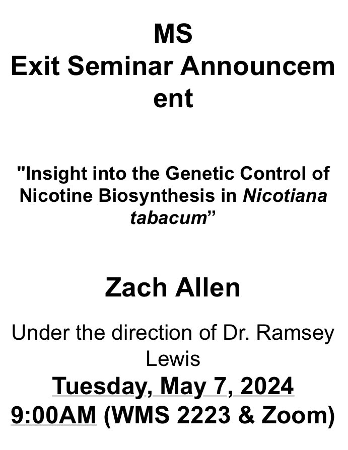 @NCStatePBCgsa @NCState_PMB @NCStateHort @CropAndSoil @NCStateGGAGrad we have a couple of Plant Breeding exit seminars next week! 🧑‍🎓