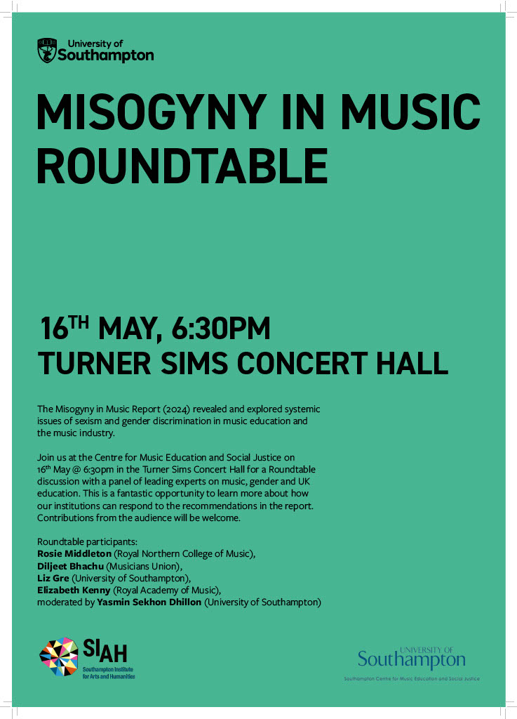 Join the @Uoscmesj for a roundtable discussion on the recent Misogyny in Music report which revealed and explored issues of sexism and gender discrimination in music education and the music industry. May 16 at @TurnerSims