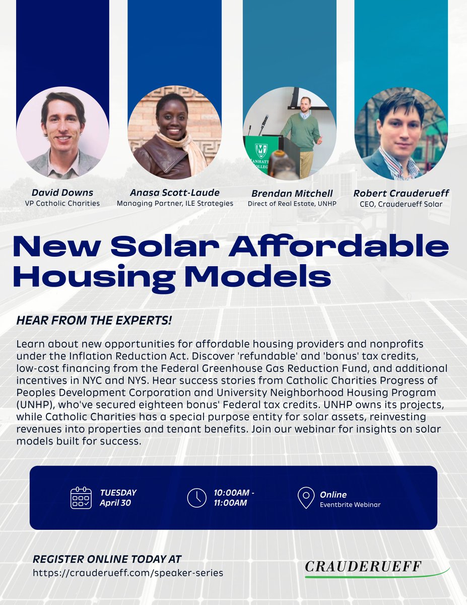 Learn about #solar opportunities for #affordablehousing w/ targeted Federal investment. Join David Downs of #CCBQ & others on Tuesday at 10 AM to hear about new retrofit models! Register now: lnkd.in/euc-3wGC. #GreenTransition #SolarEnergy #AffordableHousing