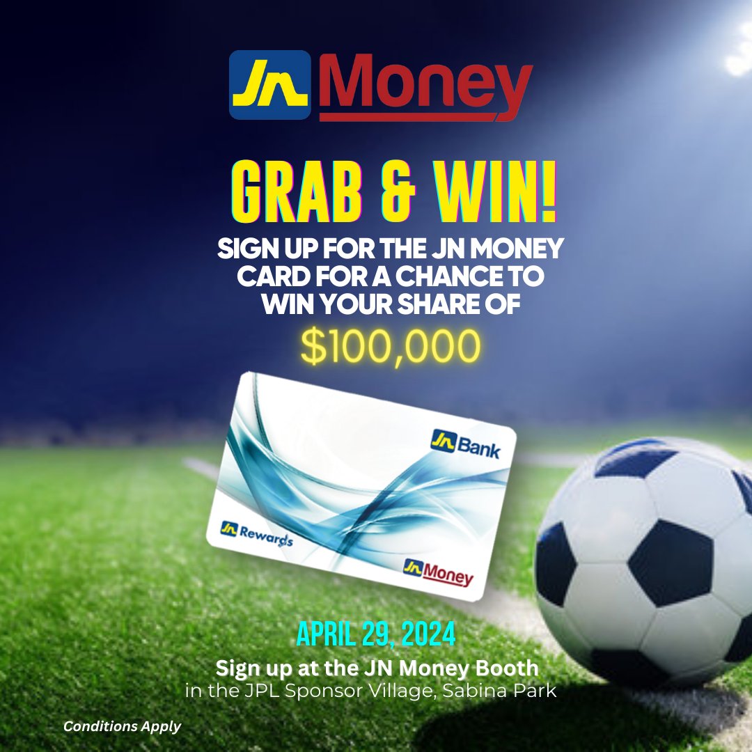 Get in on the action at the Jamaica Premier League playoffs! Swing by our booth with your ID and TRN on Monday to sign up for the JN Money Card, and get a chance to win your share of $100,000! 💰 #JNMoney #GrabAndWin #WNJPL