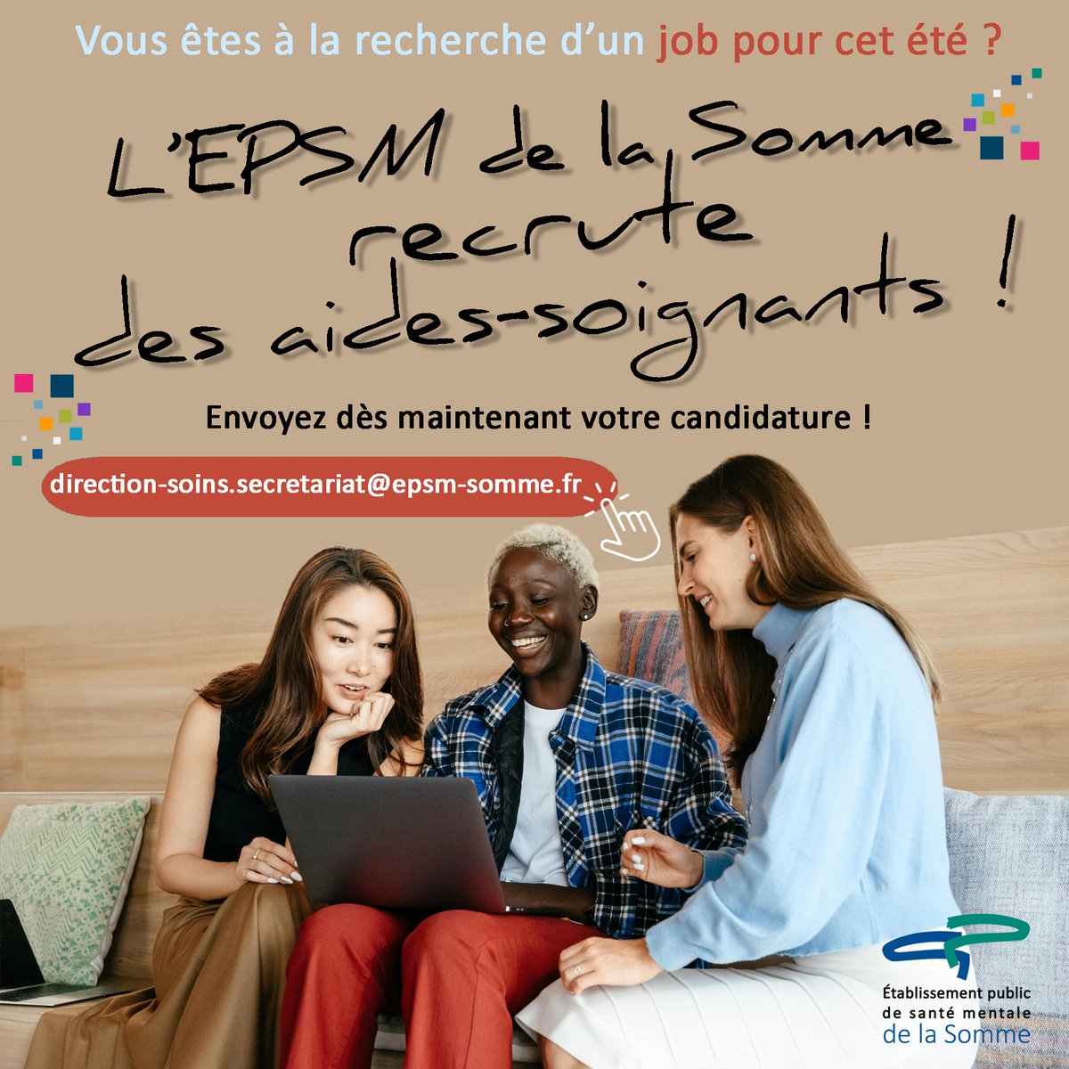 EPSMSomme's tweet image. 📣 #Jobété ☀️
Vous êtes à la recherche d’une expérience de travail dynamique cet été ?
&amp;gt; l&apos;@EPSMSomme recrute des aides-soignants  😉
Envie de nous rejoindre ? C&apos;est très simple !
Envoyez-nous vite vos CV et lettre de motivation à
📩 direction-soins.secretariat@epsm-somme.fr