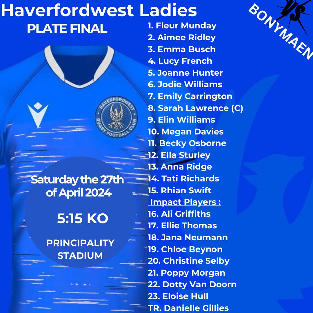Your blues team to take on Bonymaen in the Plate Final. 
<a href="/WelshRugbyUnion/">Welsh Rugby Union 🏴󠁧󠁢󠁷󠁬󠁳󠁿</a> <a href="/waleswomenrugby/">Welsh Women's Rugby🏴󠁧󠁢󠁷󠁬󠁳󠁿</a> <a href="/AllWalesSport/">All Wales Sport</a> <a href="/WRU_Community/">WRU Community - Wrth galon y genedl</a> <a href="/BackTheGirlsPod/">🏴󠁧󠁢󠁷󠁬󠁳󠁿 Back The Girls Podcast</a> <a href="/BBCSportWales/">BBC Sport Wales</a> <a href="/BBCScrumV/">BBC ScrumV</a>