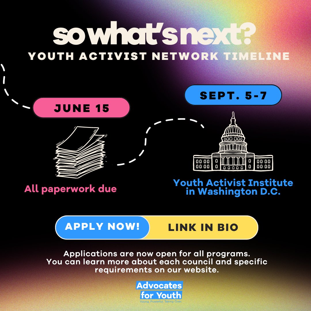 🕓 The clock is ticking➡️ time to apply for the Youth Activist Network. YAN members get access to resources, 1-on-1 training, and a network of activists fighting for meaningful progressive change. 🔗: advocatesforyouth.org/program-applic…