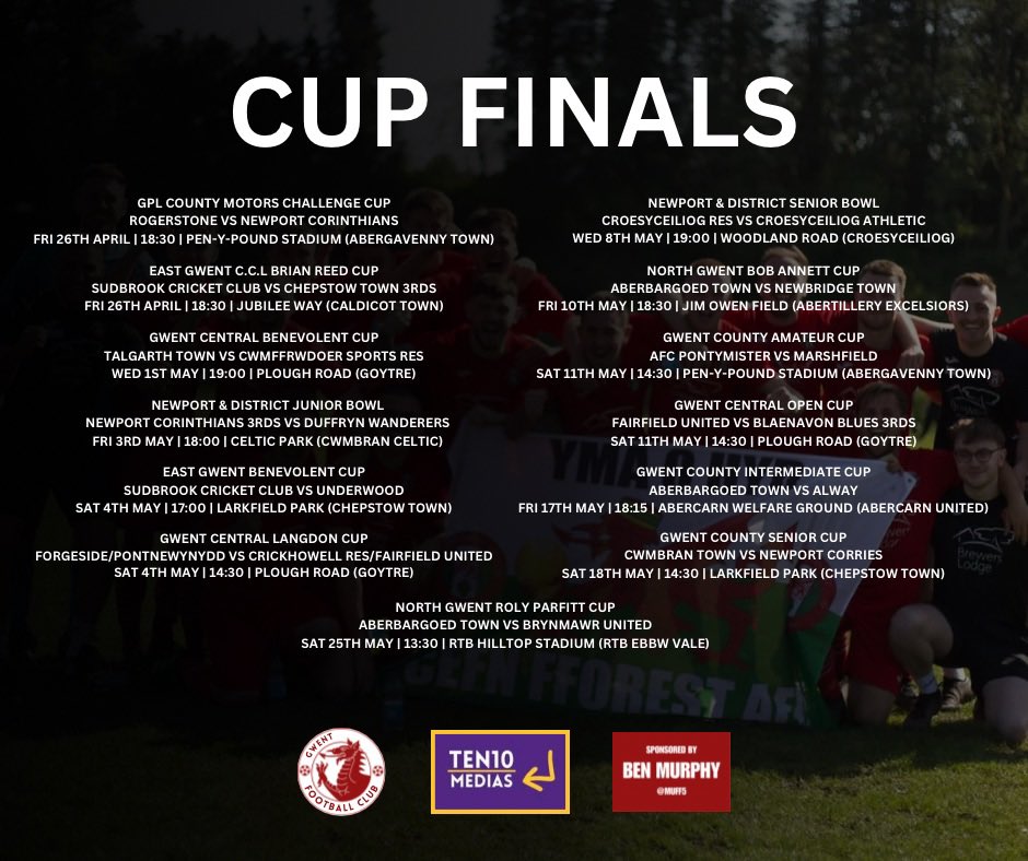 It’s cup final season! 🏆 First 2 kicking off tonight …. @RogerstoneAFC V @NptCorries in the GPL County Motors Challenge Cup being played at @AbergavennyTFC @Sudbrook10 V @ChepstowTownAFC 3rds in the C.C.L Brian Reed Cup Final at @CaldicotTownAFC Both 6:30pm kick offs! 👏