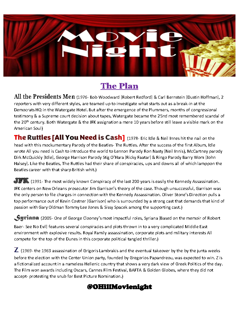 And that brings us to your Official #OHillMovienight #MovieNominations for our theme this week: #ThePlan a look at #RealLifeConsopiracies as #Movies. #AllthePresidentsMen #TheRutlesAllYouNeedisCash #JFK #OliverStone #Syriana #Z