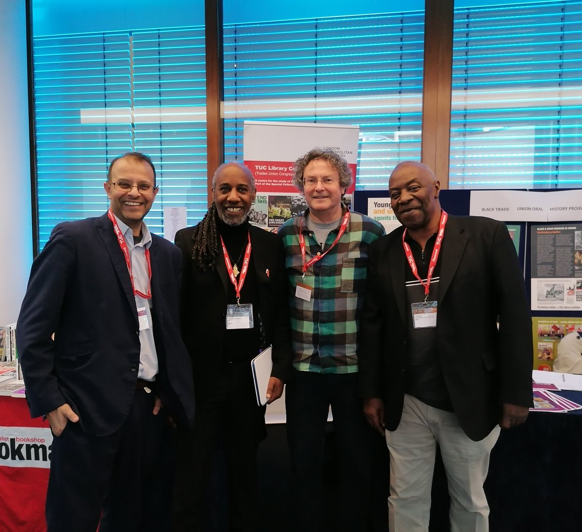 On our stall at @The_TUC Black Workers’ Conference with Wilf Sullivan (right) Ty Nosakhere @RaceGmb (middle) and @LondonMetUni alumni and @UsdawUnion activist Hadi Naqui Looking for participants for our Black Trade Union Oral History Project #HereToStayHereToFight @TUCEquality