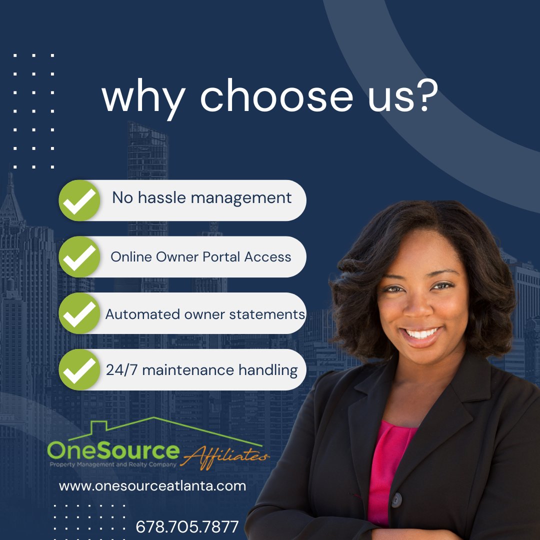 Looking for a reliable Atlanta property manager? At One Source Affiliates, we handle everything from filling vacancies to coordinating evictions. Visit our website to learn more: onesourceatlanta.com #PropertyManagement #AtlantaRealEstate