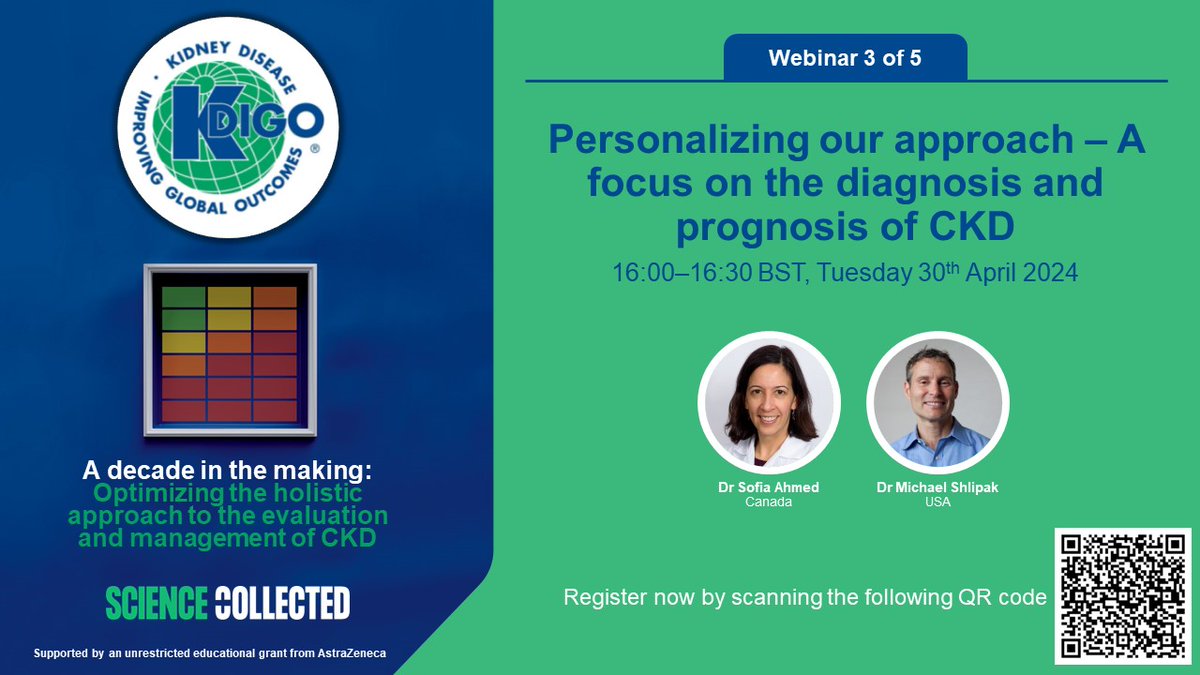 Join us for the next webinar in our five-part series on the holistic approach to the evaluation and management of #CKD, 'Personalizing Our Approach: A Focus on the Diagnosis and Prognosis of CKD.' Monday, April 30 at 11:00 EDT, 16:00 BST. Register: kdigo.co/Personalizing-… The…