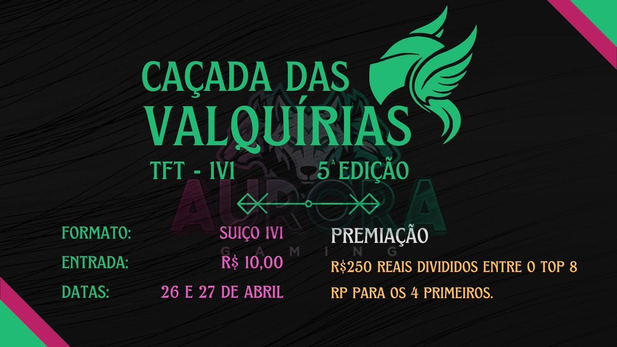 É hoje! Não percam a chance de entrar na Caçada das Valquírias!

⏰ Dia 26 e 27 de abril, às 20:00!
💲 R$10,00 para se inscrever!
📝 Inscrições no formulário a seguir: buff.ly/4cXRF9W