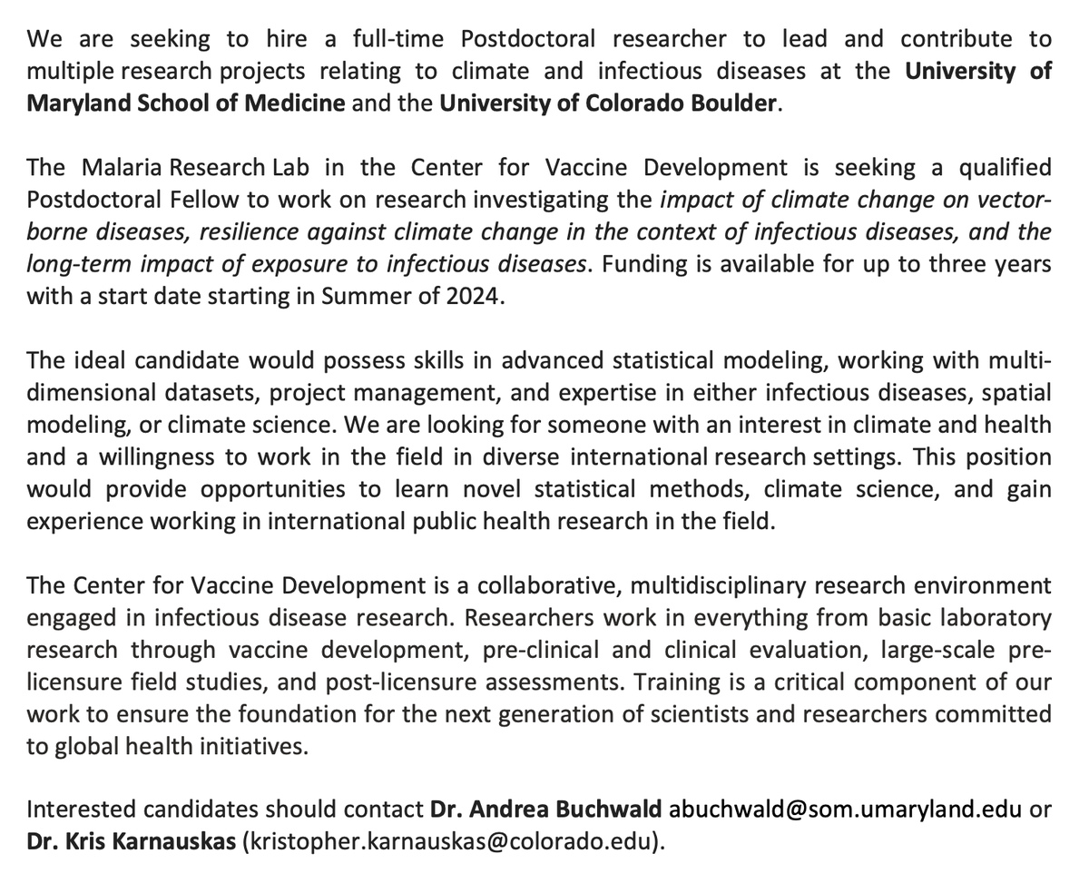 Kris Karnauskas (@oceansclimatecu) on Twitter photo Seeking a postdoc in the climate/health space. Collaborate with <a href="/UMmedschool/">University of Maryland School of Medicine</a> and <a href="/CUBoulder/">CU Boulder 🦬</a> /<a href="/CIRESnews/">CIRES</a>. Funding up to 3 years. Seeking a postdoc in the climate/health space. Collaborate with <a href="/UMmedschool/">University of Maryland School of Medicine</a> and <a href="/CUBoulder/">CU Boulder 🦬</a> /<a href="/CIRESnews/">CIRES</a>. Funding up to 3 years.