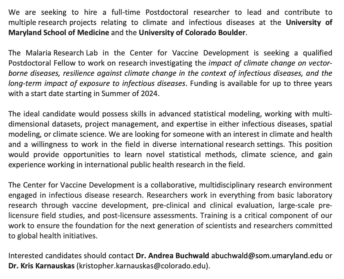 Seeking a postdoc in the climate/health space. Collaborate with @UMmedschool and @CUBoulder /@CIRESnews. Funding up to 3 years.