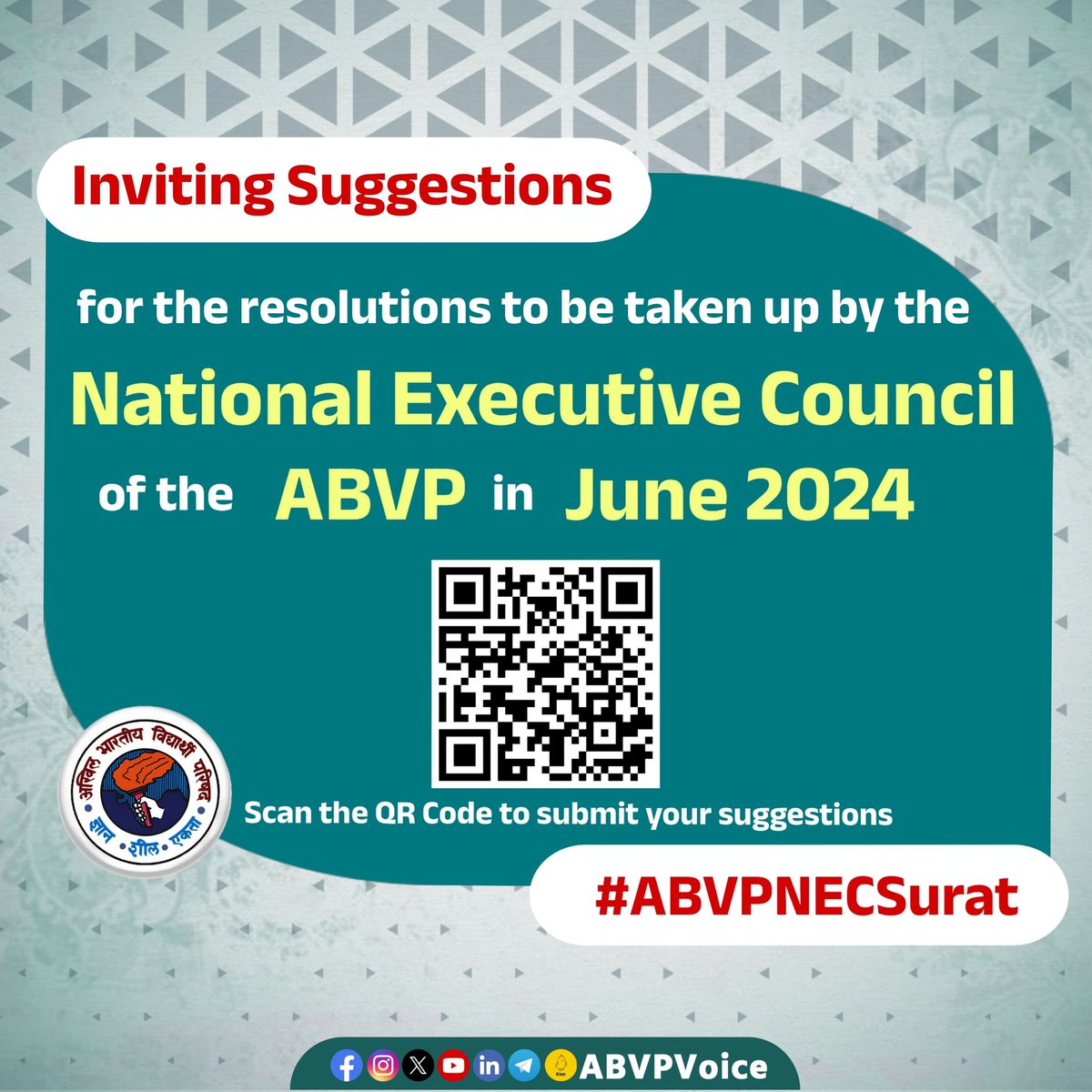 As we gear up for the National Executive Council meeting in June, we want to hear from YOU! 

Share your ideas on education, society,nation,and current scenarios.Your insights matter. Let's shape the agenda together for the #ABVPNECSurat.Together, let's pave the way forward!