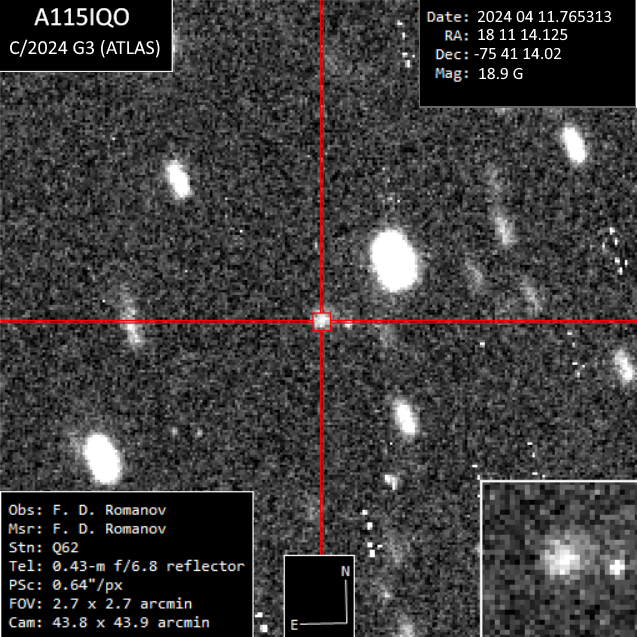 On 2024-04-11 I confirmed distant object A115JT0 = 2024 GT4 and comet A115IQO = C/2024 G3 (ATLAS) remotely at @iTelescope_Net T32 in Australia. Images: 4x300s. & 5x180s. My astrometric data: minorplanetcenter.net/mpec/K24/K24GH… minorplanetcenter.net/mpec/K24/K24H2… @Astroguyz @DavidBflower @El_Universo_Hoy
