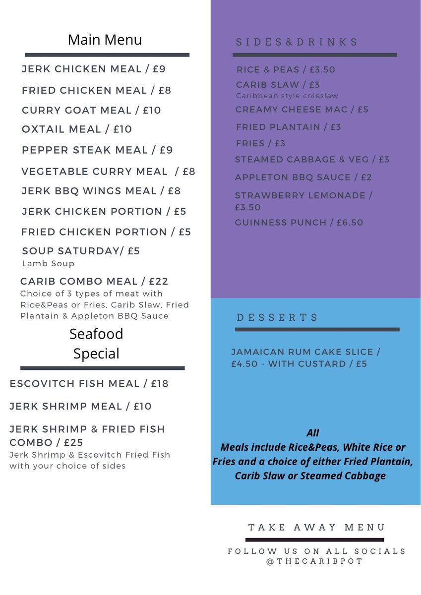 This weekend’s menu at The Carib Pot🌴 P.S. The pickup menu will always be cheaper than on UberEats 🙂

📆 Open from Fri-Sat 4pm - 11pm & Sun 2pm - 10pm

🚴 UberEats & Pick-up 🫳🏾

📍Bermondsey & Rotherhithe, Peckham, Camberwell, Old Kent Road, Elephant & Castle & more!