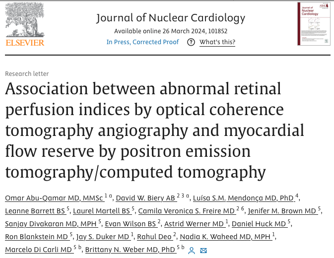 OAQamar's tweet photo. What can the eye tell about the heart? We explored associations btw retinal microvasculature via retinal #OCTA &amp; myocardial flow reserve (MFR) via cardiac PET/CT. A collaborative effort and a labor of love with @Bweber04 team of the @BrighamWomens @OCT_Waheed @TuftsMedicalCtr https://t.co/M967bHbFHD