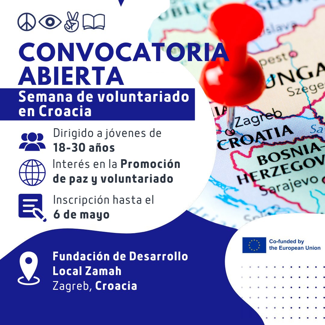 📣CONVOCATORIA ABIERTA 6/05 🇭🇷 Semana de #voluntariado del PaveProject de #erasmusplus 👥 18-30 años 🕊️Interés en #promociondepaz 📍#Zagreb 2-8 junio ℹ️bit.ly/4dg5eS3 ✍️bit.ly/4bcYLWo #juventud@presidenciaEXT