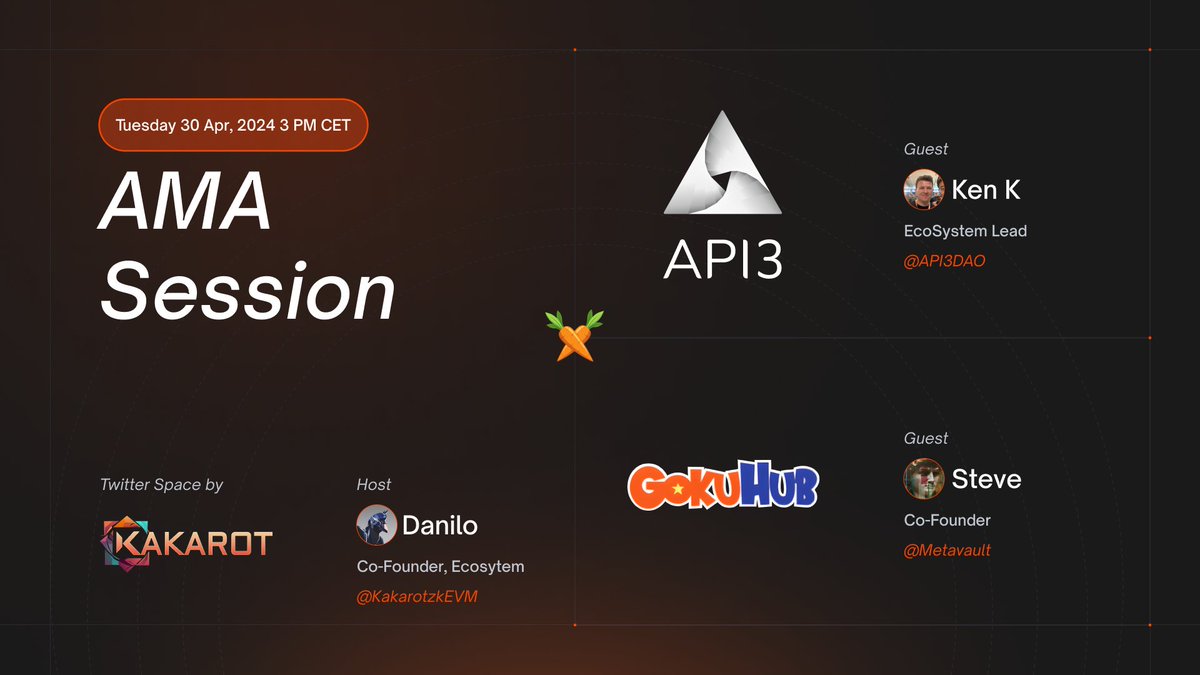 km 🥕 Happy to announce our first AMA with partner projects that are building on Kakarot Alpha Testnet! What: Join @Goku_Hub, one of the first DeFi dApp and @API3DAO one of the first oracle on Kakarot to chat all things DeFi! 🔥 When: Tuesday 30th April, 3PM CET…