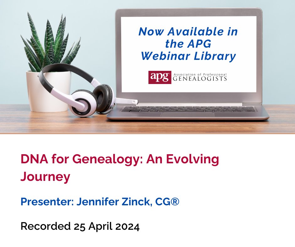 Many thanks to Jennifer Zinck for yesterday's webinar presentation 'DNA for Genealogy: An Evolving Journey.' APG members can now view this recording and many others in the online library. Go to apgen.org, select 'Membership Resources' then 'Webinars.' CC available.