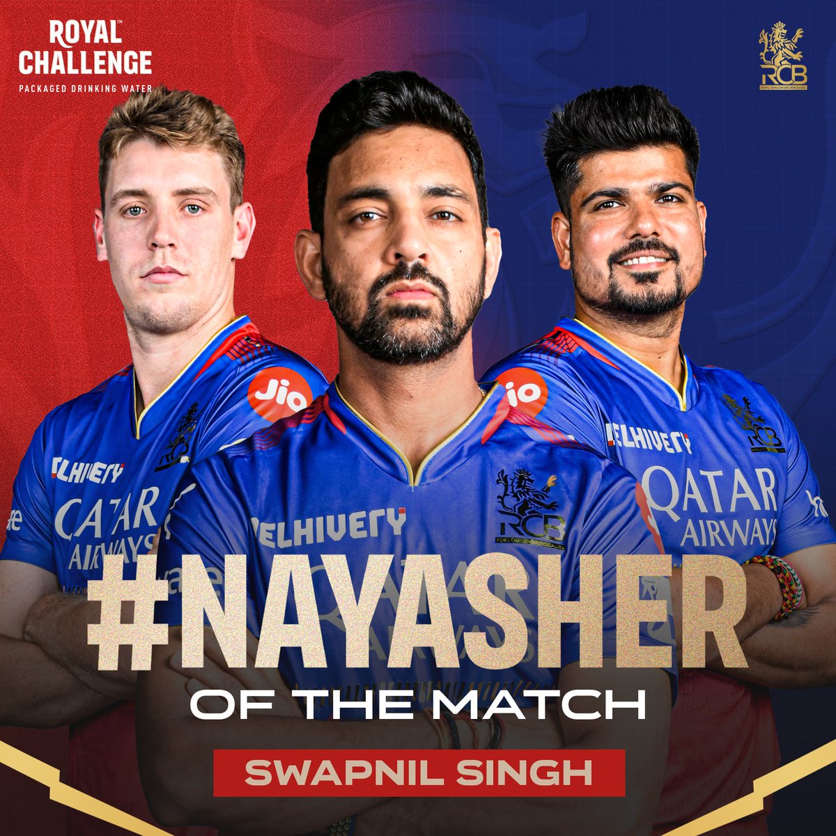 Royal Challenge Packaged Drinking Water Naya Sher of the Match: Swapnil Singh 🐅 Arrived as an impact player last night, added important runs with a strike rate of 200 and turned the game with 2 crucial wickets in one over. 👏 #PlayBold #ನಮ್ಮRCB #IPL2024 #NayaSher #Choosebold