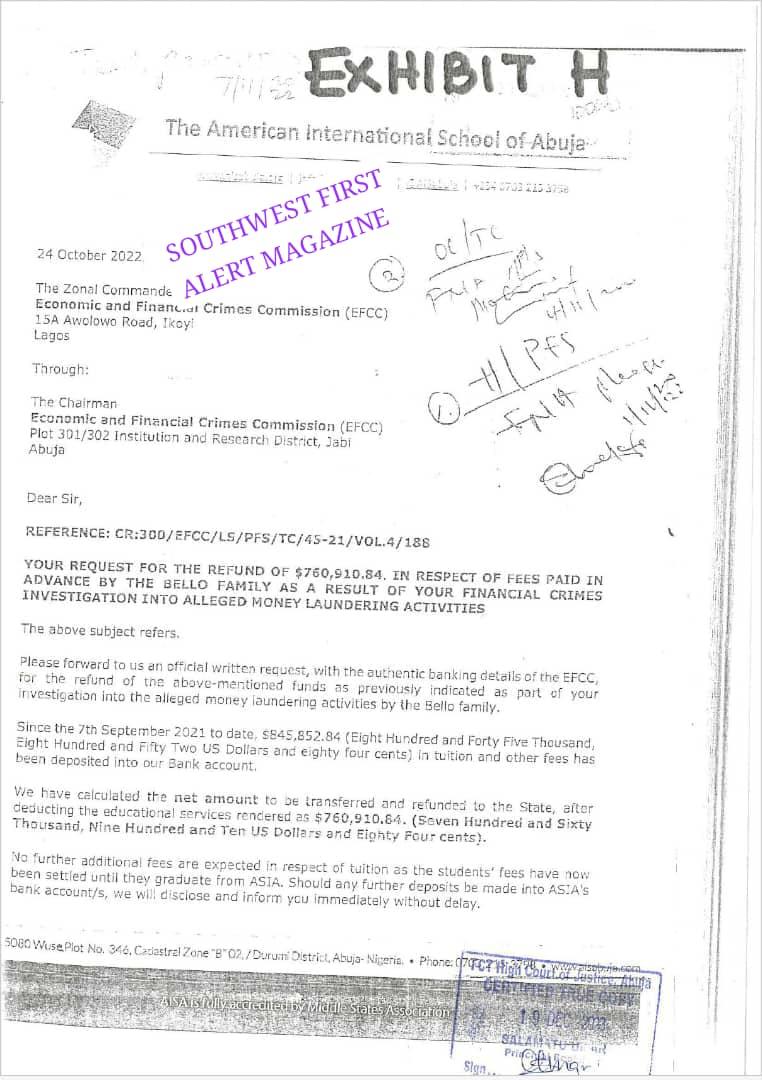 *EFCC asked American International School of Abuja to forward the $845,000 school fees paid by Yahaya Bello. Here's the school's response*