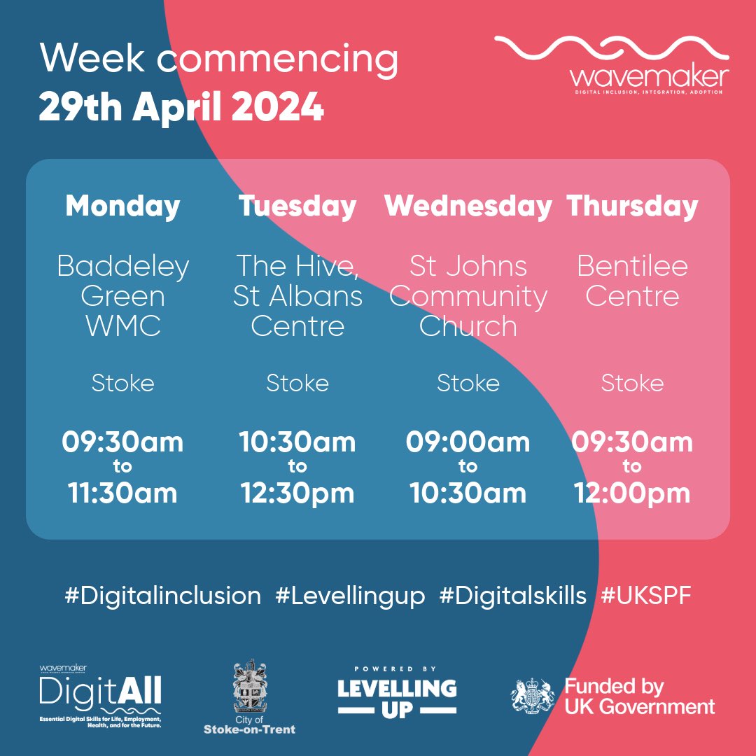 Have you ever felt left behind in our fast-moving digital world? Worry not! Wavemaker Stoke is here to bridge the gap with our easy-to-follow workshops, and they're completely free!

#FixTheDigitalDivide #LevellingUp #DigitalSkills #UKSPF