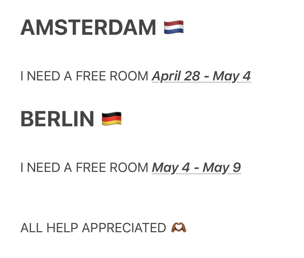 desperately need to find a room in Amsterdam by Sunday…pls ask your friends…or help share this! Berlin too. Thanks in advance!