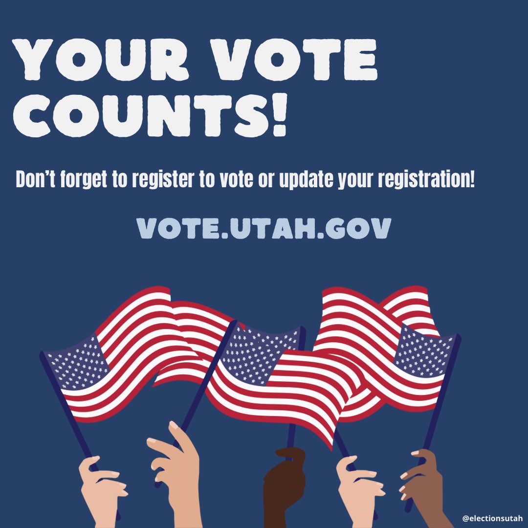 Your voice, your vote! Make a difference in Utah's regular primary election – register to vote now at vote.utah.gov! ¡Tu voz, tu voto! Haga una diferencia en las elecciones primarias regulares de Utah: ¡Regístrese para votar ahora! vote.utah.gov