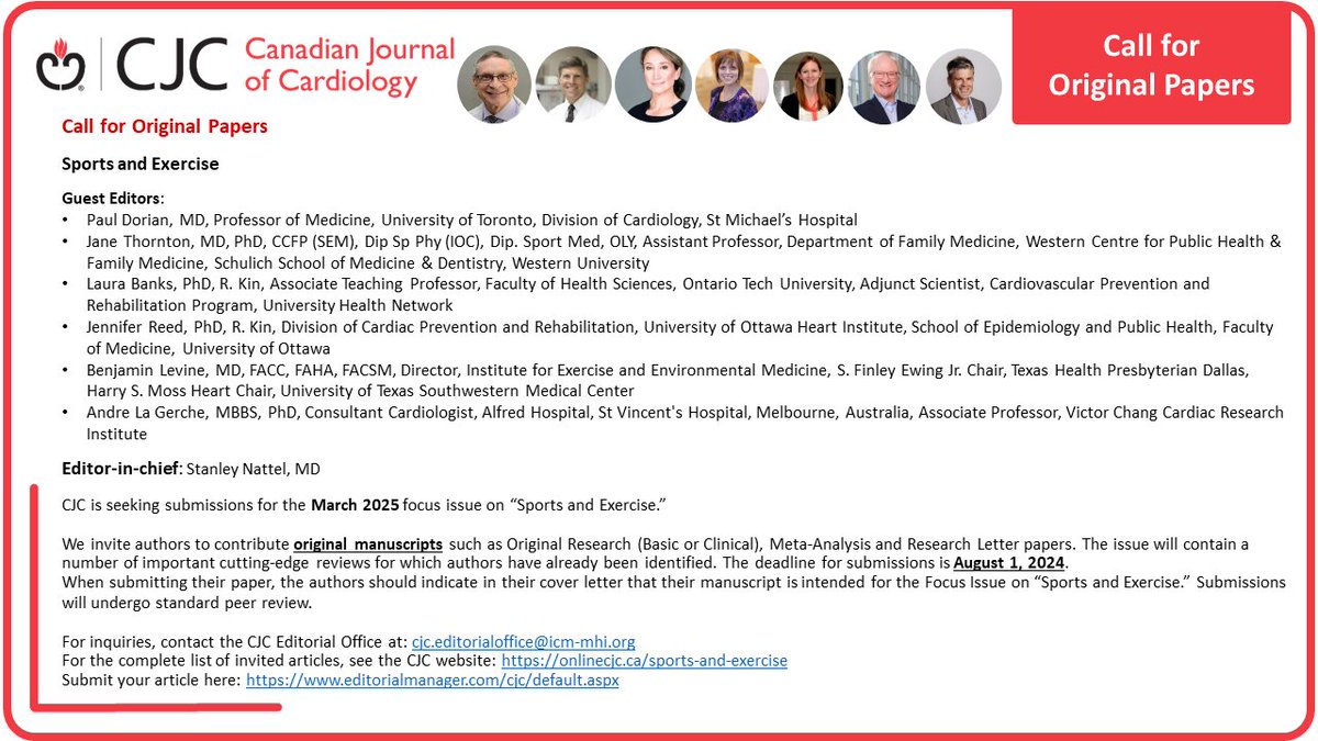 📢 CJC is seeking original research papers for a March 2025 focus issue on 'Sports and Exercise'. Deadline for initial submissions: August 1, 2024. For more information, see here 👉 onlinecjc.ca/sports-and-exe… #Sports #Exercise #SportsCardiology #Cardiology #CJC
