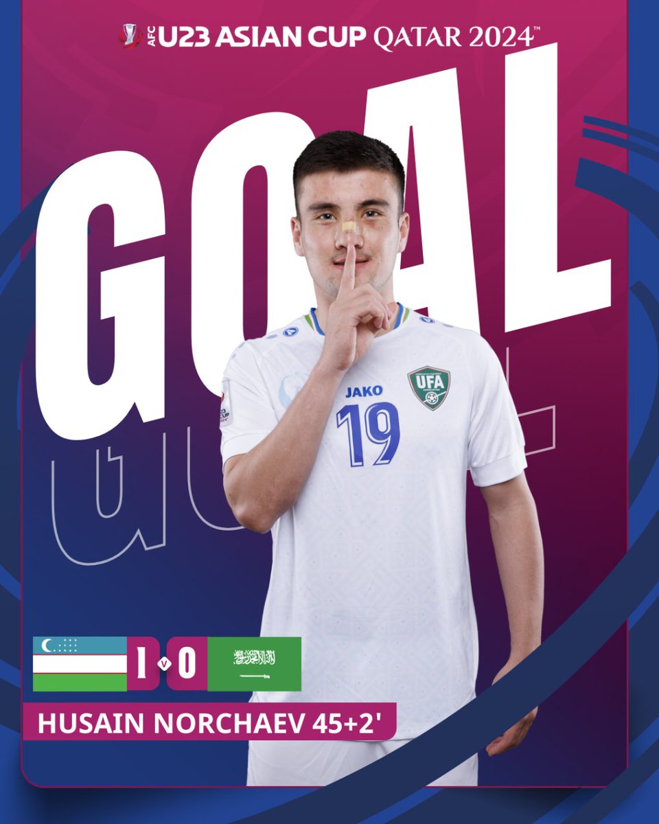 GOAL | 🇺🇿 Uzbekistan 1️⃣-0️⃣ Saudi Arabia 🇸🇦 Husain Norchaev puts the 2022 runners up in front right on the stroke of half-time! 📺 Watch Live gtly.to/zzhR_62Mr #AFCU23 | #UZBvKSA