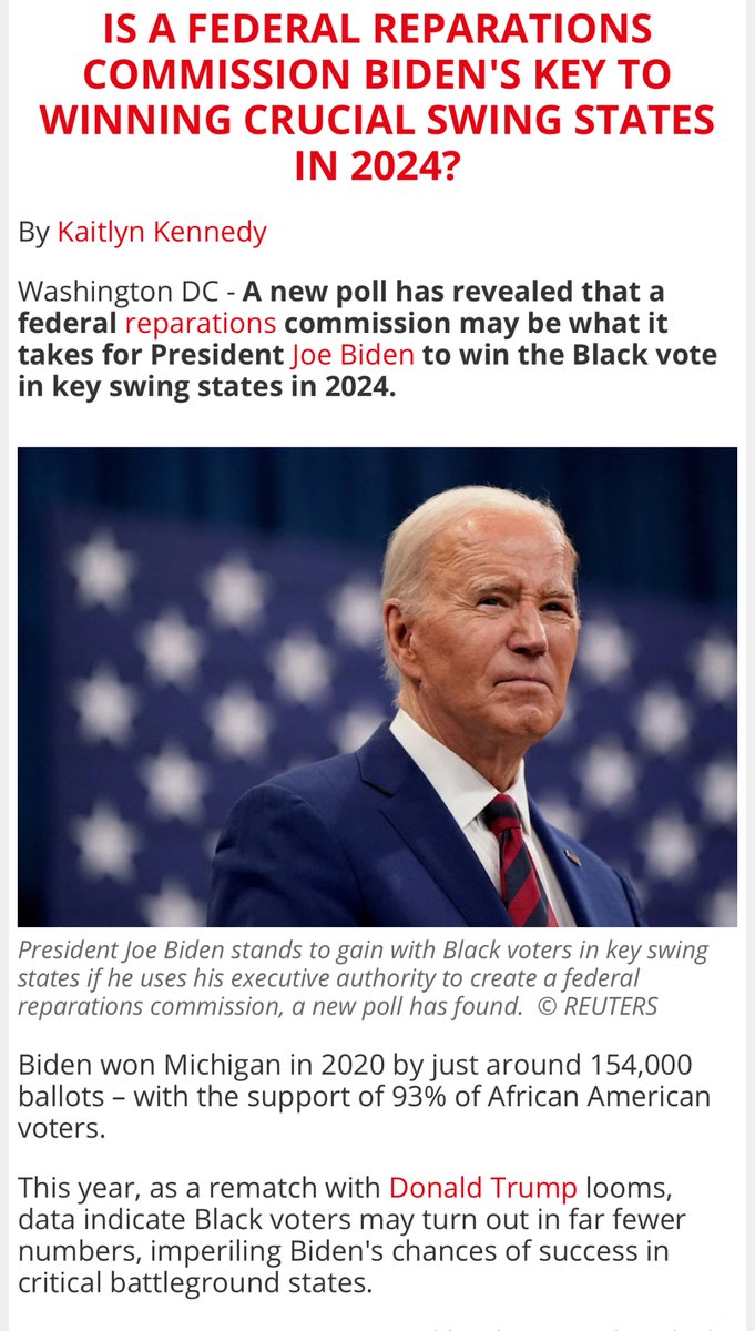The Democrats know they are in trouble. A “commission” won’t suffice. Our expectations are well beyond studies and “commissions”. 

Cut the check‼️

“IS A FEDERAL REPARATIONS COMMISSION BIDEN'S KEY TO WINNING CRUCIAL SWING STATES IN 2024?”
tag24.com/politics/repar…
