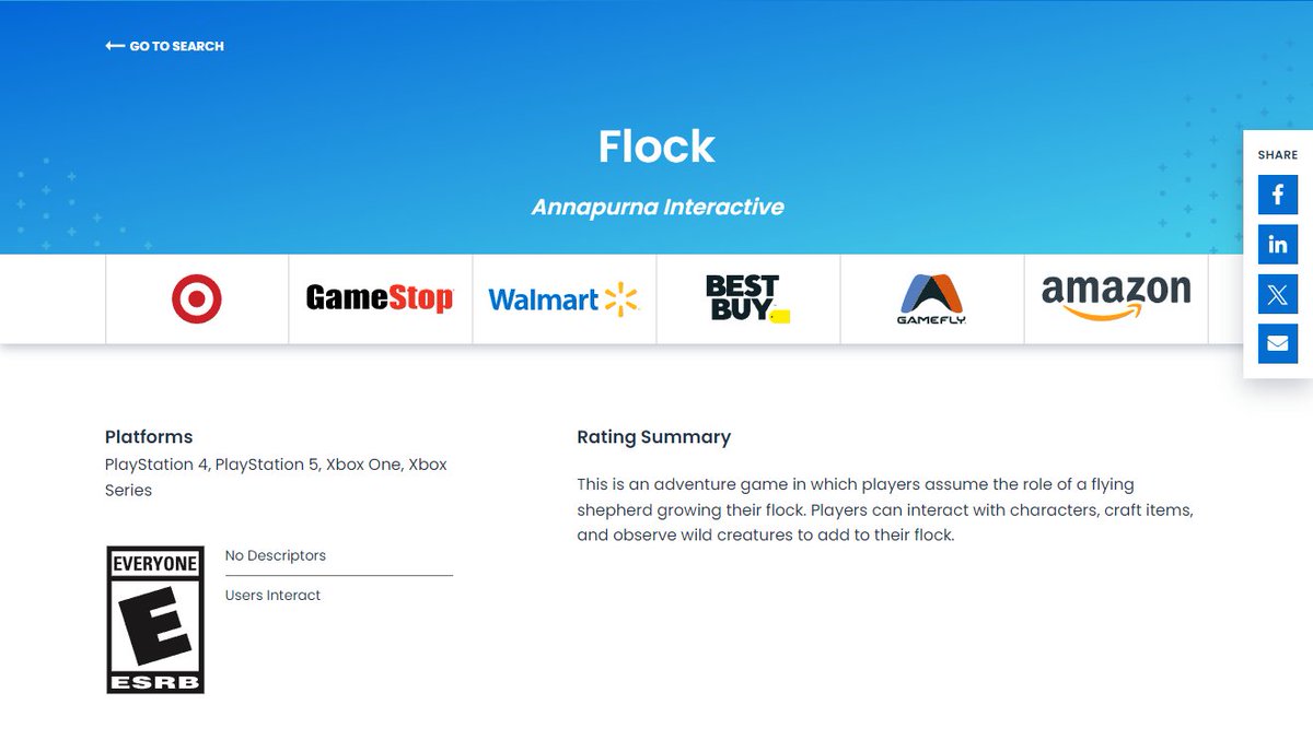 Flock from Annapurna Interactive / Hollow Ponds / Richard Hogg was rated this week across at least three ratings boards: ESRB: esrb.org/ratings/39829/… Australia: classification.gov.au/titles/flock-7 Taiwan: gamerating.org.tw/Search/Game (search for 'Flock') A likely appearance at the ID@Xbox…