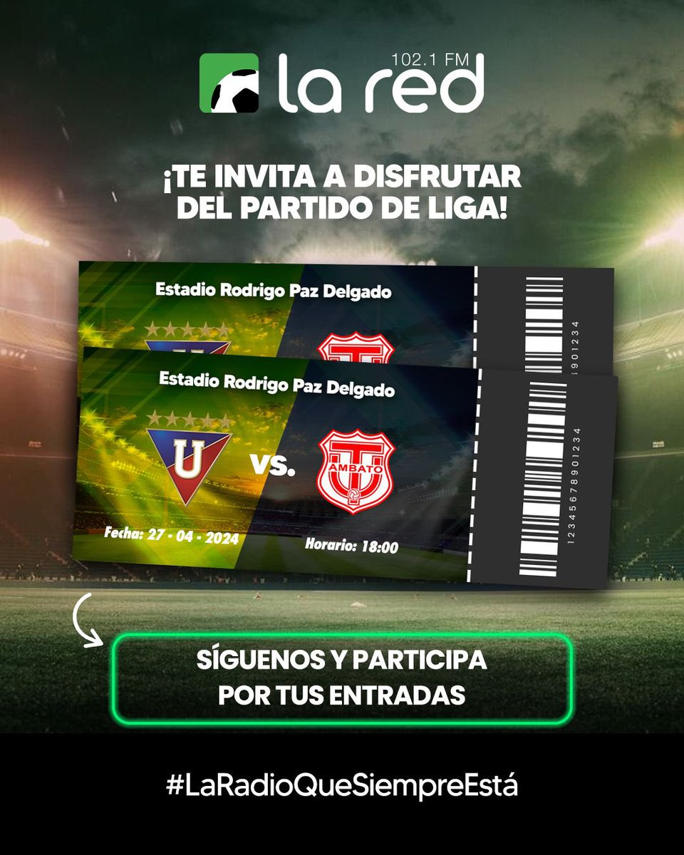 La Red Ecuador (@lared_ecuador) on Twitter photo SORTEO ⚽️🔥 Nos vamos al estadio para el duelo entre <a href="/LDU_Oficial/">LDU Oficial</a> y <a href="/TecnicoUOficial/">TécnicoUniversitario</a>. Aquí las instrucciones para ganar:
1. Seguirnos
2. Comenta tu pronóstico
3. Dale RT a este post.
Anunciamos ganadores este sábado a las 10am 🎉 SORTEO ⚽️🔥 Nos vamos al estadio para el duelo entre <a href="/LDU_Oficial/">LDU Oficial</a> y <a href="/TecnicoUOficial/">TécnicoUniversitario</a>. Aquí las instrucciones para ganar:
1. Seguirnos
2. Comenta tu pronóstico
3. Dale RT a este post.
Anunciamos ganadores este sábado a las 10am 🎉