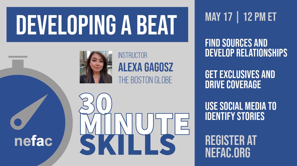 JOIN US! REGISTER NOW 👉🏿 👉🏼 👉 30 Minute Skills: How to Develop a Beat with @AlexaGagosz at @BostonGlobe us02web.zoom.us/webinar/regist… #journalism