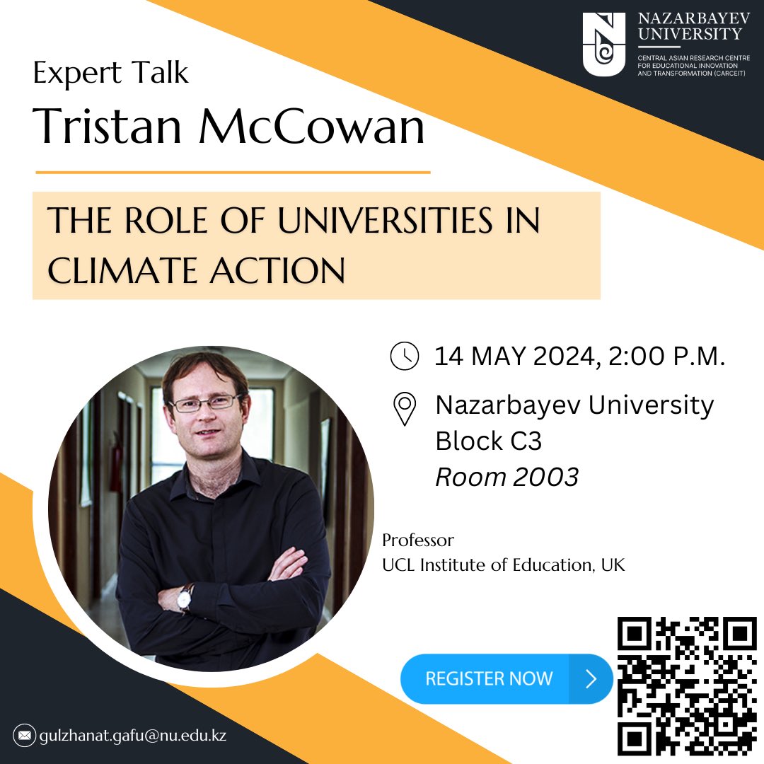 Join us for an expert talk with @MccowanTristan on 'The Role of Universities in Climate Action' at Nazarbayev University on May 14, 2 P.M. Discover how universities can tackle climate change in lower-income contexts and contribute to SDGs. Register now: forms.gle/pcGvUdaowjYhfK…