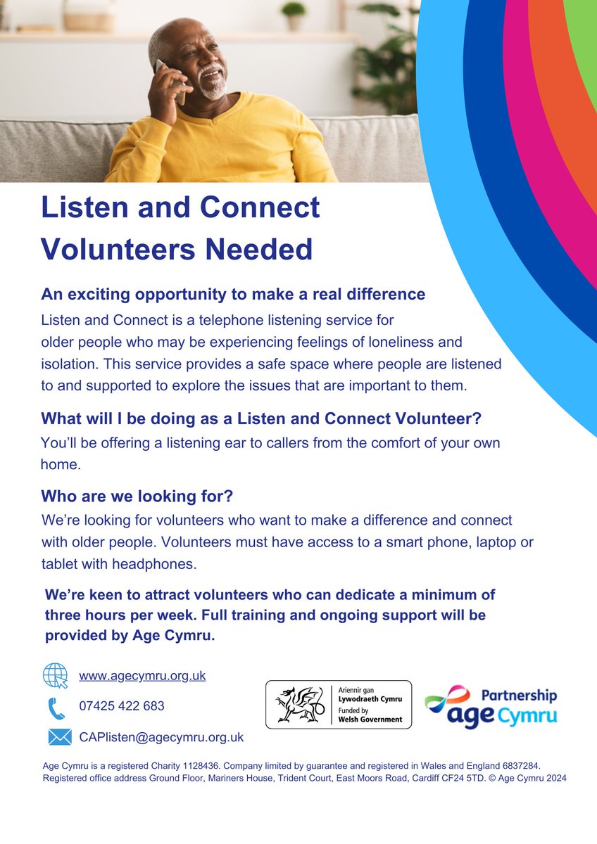 Are you looking to volunteer and help older people? @AgeCymru want volunteers for their new telephone listening service ‘Listen and Connect’, which supports older people who may be experiencing feelings of loneliness and isolation. Sign up here: ageuk.org.uk/cymru/our-work…