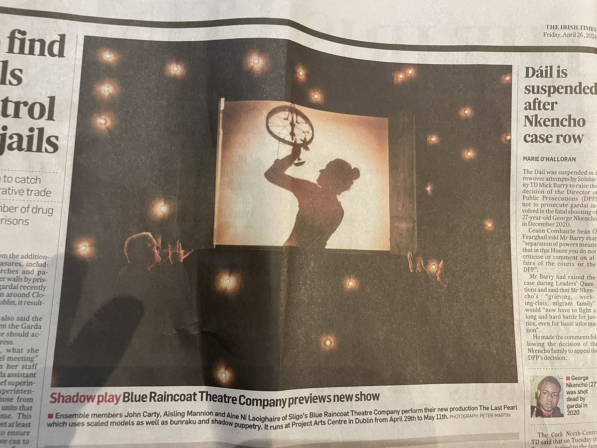 Nice picture in @IrishTimes today. Photo by Peter Martin. The Last Pearl will open in @projectarts on Mon (29 April) and run until Sat 11 May. Thanks to @projectarts & @rte #irishtheatreontour #blueraincoattheatre #thefactoryperformancespace #thelastpearl